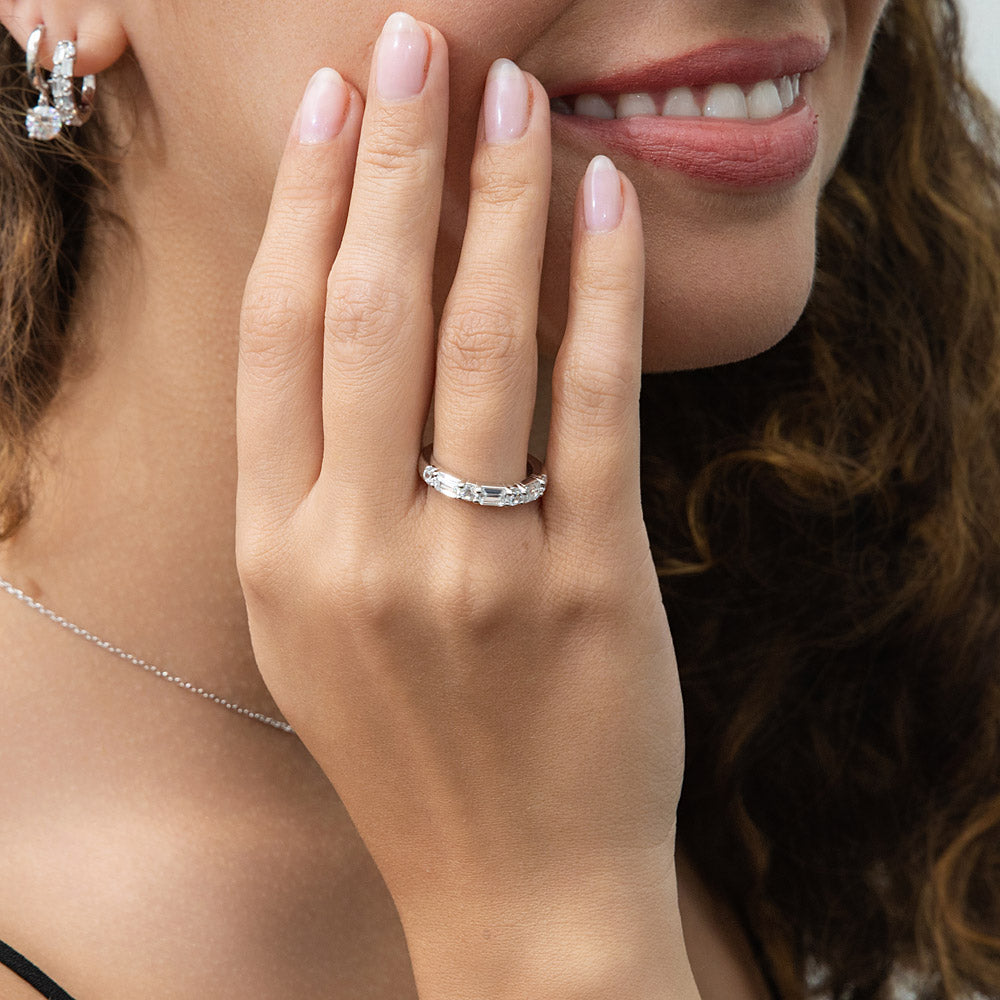 Model wearing Art Deco Pave CZ Eternity Ring in Sterling Silver, 9 of 9