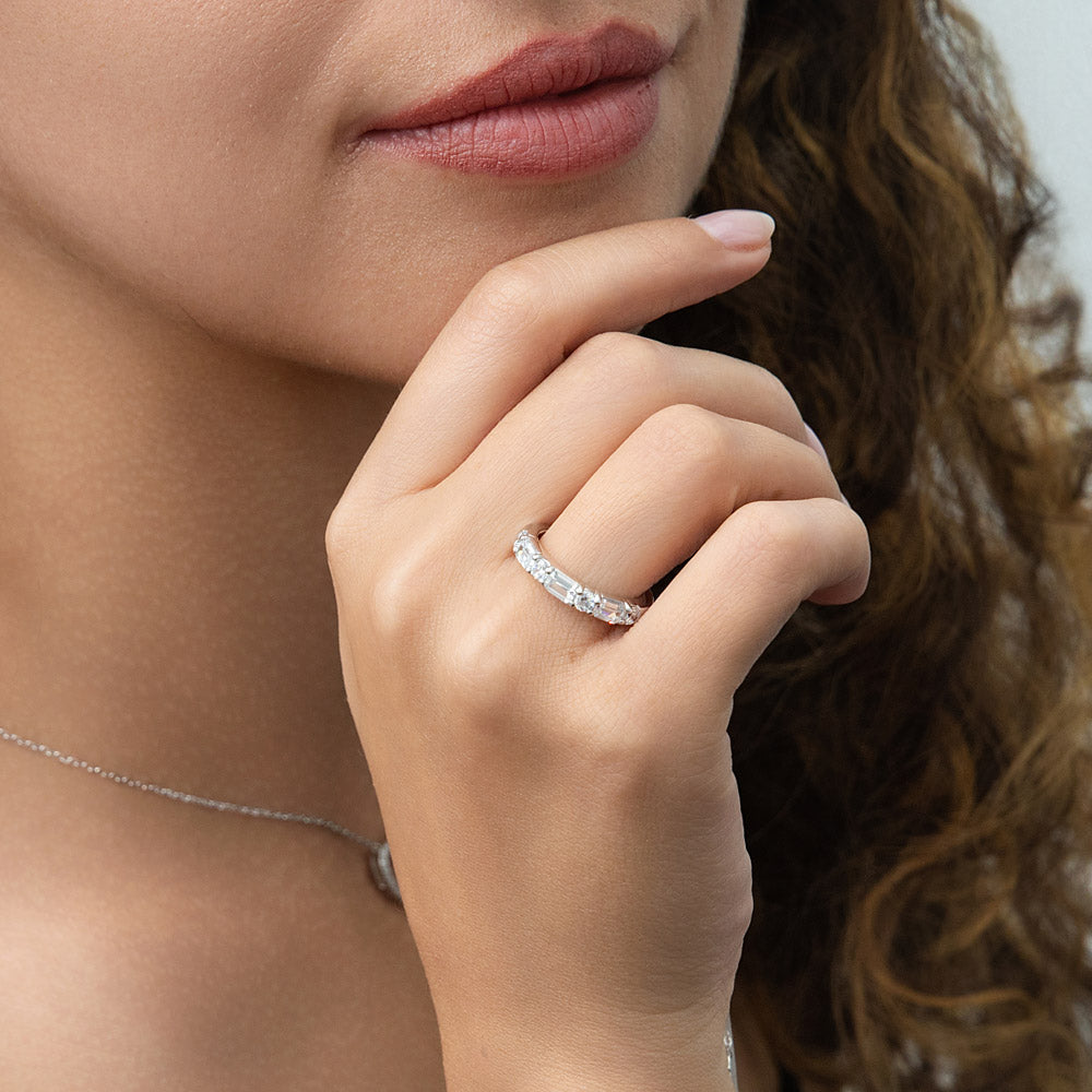 Model wearing Art Deco Pave CZ Eternity Ring in Sterling Silver, 7 of 9