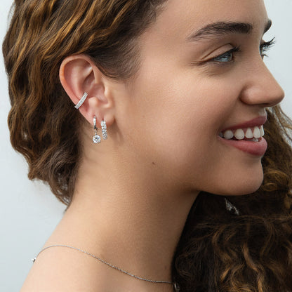 Model Wearing Bar Hoop Huggie Earrings, Ear Cuff Helix Cartilage Earrings, Solitaire Hoop Huggie Earrings