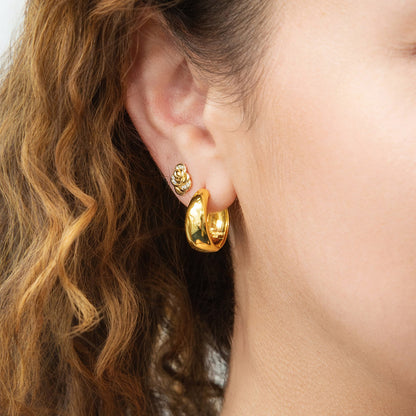 Model Wearing Dome Hoop Earrings, Rose Flower Stud Earrings
