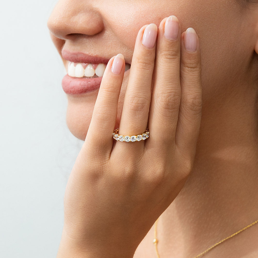 Model wearing Pave CZ Eternity Ring in Gold Flashed Sterling Silver, 6 of 8