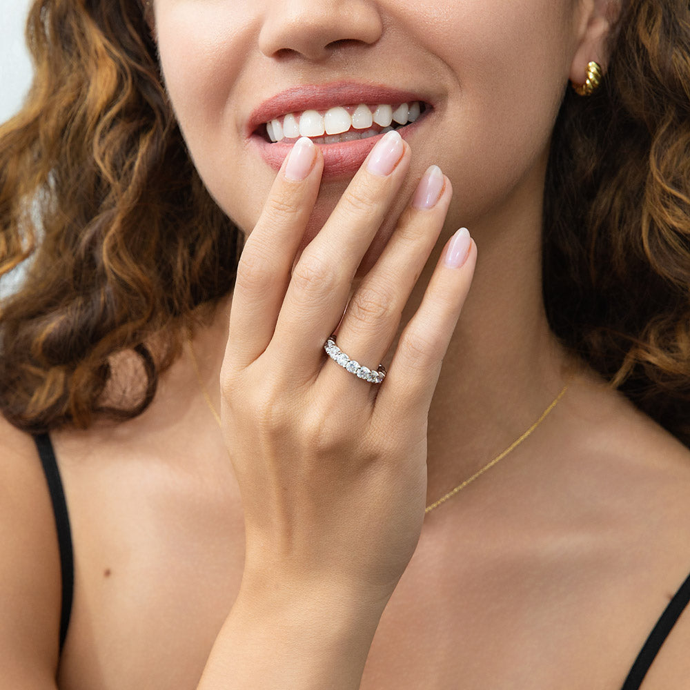 Model wearing Pave CZ Eternity Ring in Gold Flashed Sterling Silver, 3 of 8
