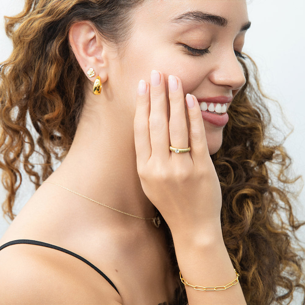 Model wearing Dome Small Hoop Earrings in Sterling Silver 0.8 inch, Yellow Gold Flashed