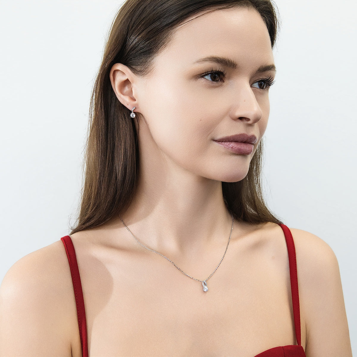 Model wearing Woven CZ Necklace and Earrings in Sterling Silver, 2 of 11