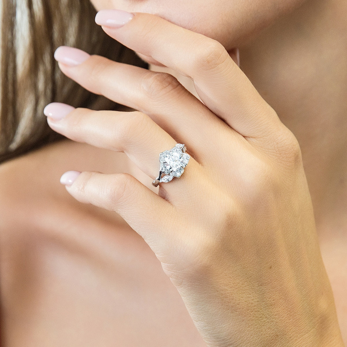 Model wearing Flower Halo CZ Ring in Sterling Silver, 8 of 9