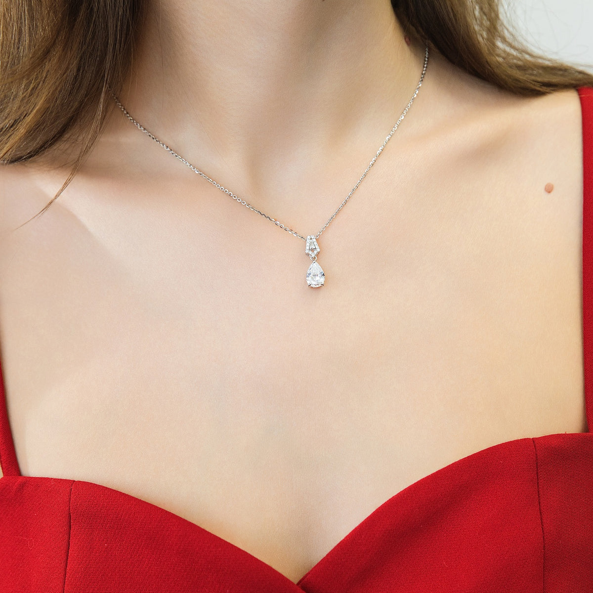 Model wearing Art Deco CZ Necklace and Earrings in Sterling Silver, 10 of 11