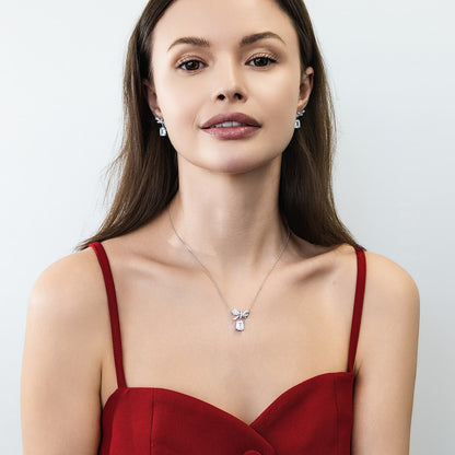 Model Wearing Bow Tie Necklace Style N1746-01, Ribbon Dangle Earrings Style E1909-01