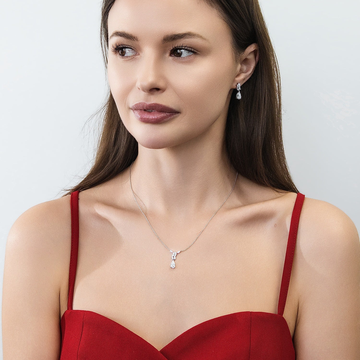 Model Wearing Cluster Dangle Earrings Style E1910-01, Cluster Necklace Style N1747-01