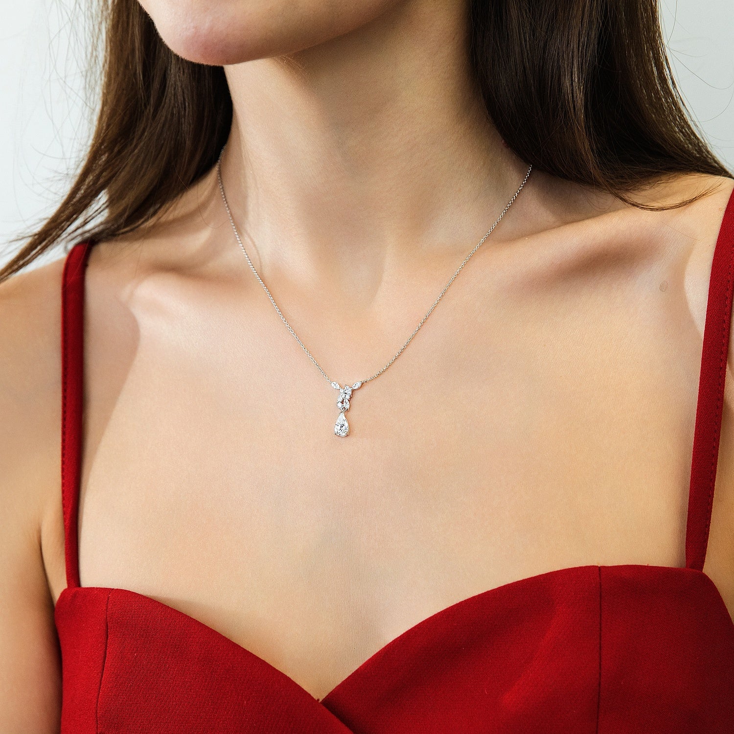 Model wearing Cluster Teardrop Navette CZ Set in Sterling Silver, 7 of 9