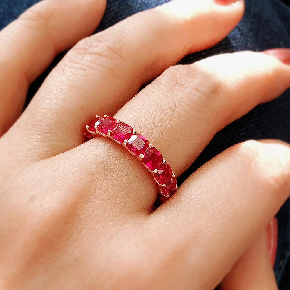 Model wearing Red Pave CZ Eternity Ring in Rose Gold Flashed Sterling Silver, 3 of 7
