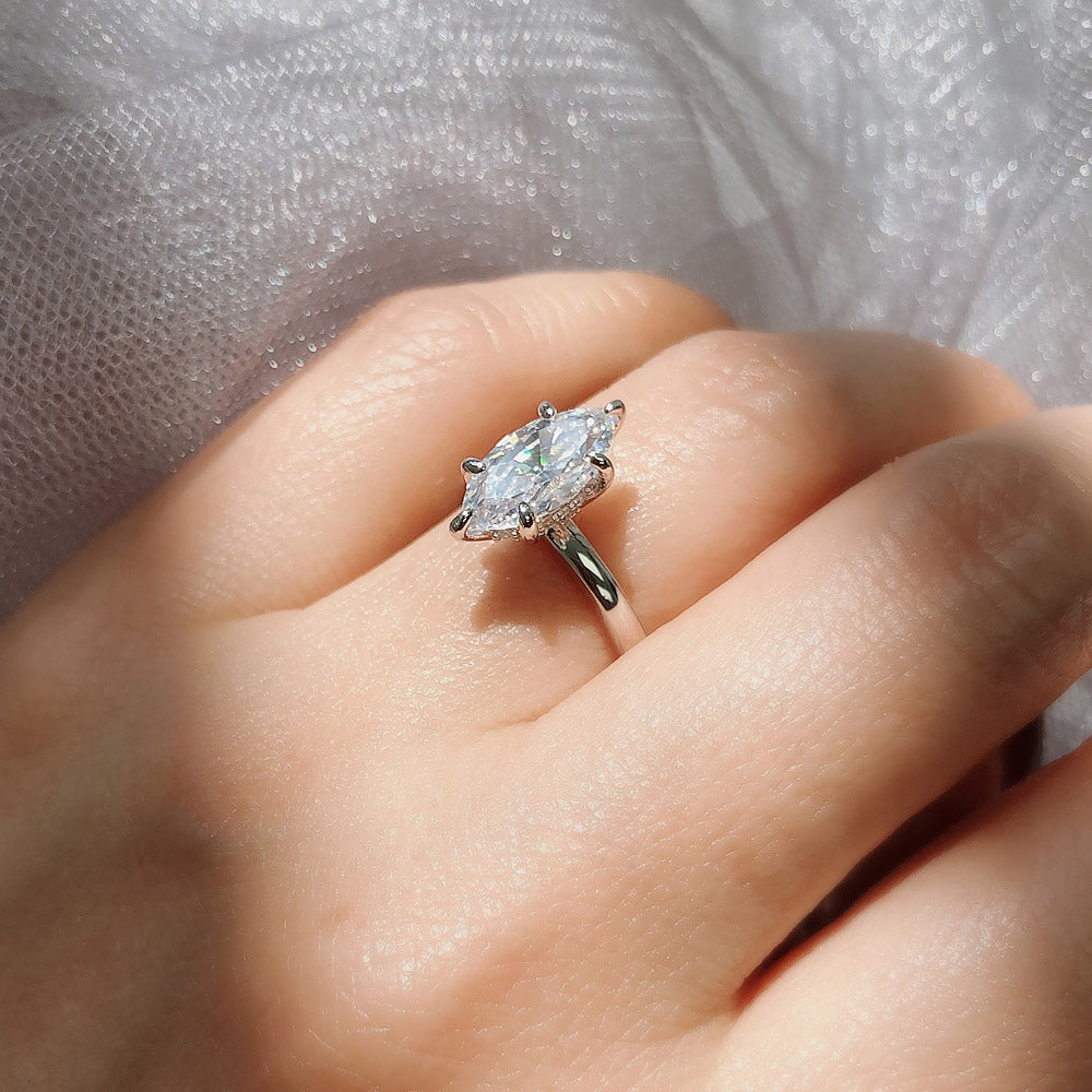 Model wearing Solitaire 1.6ct Marquise CZ Ring in Sterling Silver, 6 of 9