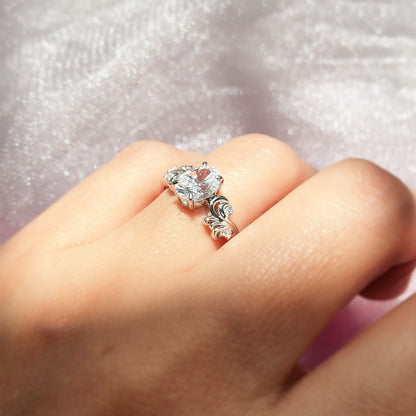 Solitaire Filigree Flower 1.2ct Oval CZ Ring in Sterling Silver
