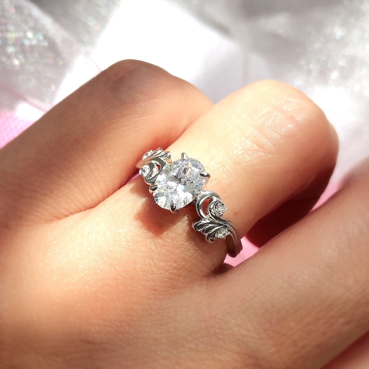 Solitaire Filigree Flower 1.2ct Oval CZ Ring in Sterling Silver