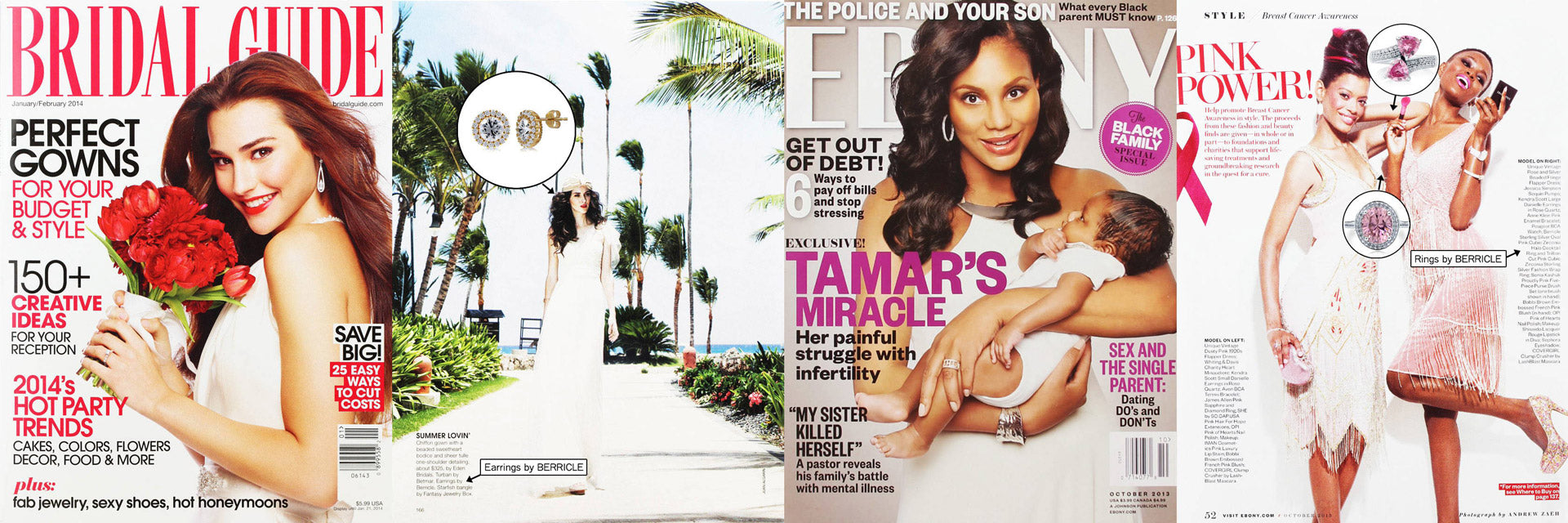 Berricle earrings and rings featured on Bridal Guide and Ebony Magazine