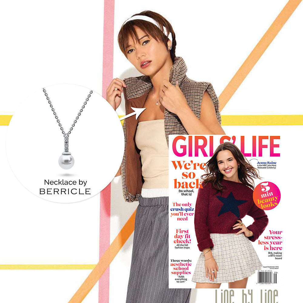 Model wearing Solitaire Imitation Pearl Necklace in Sterling Silver, 2 of 6