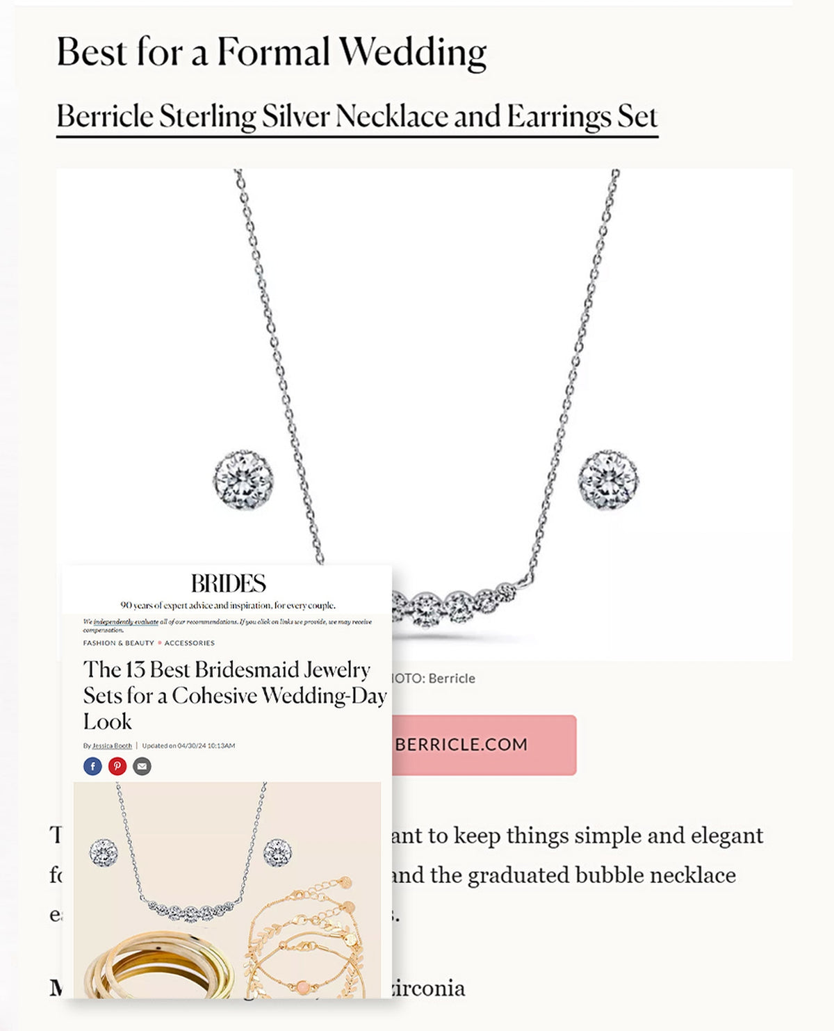 BERRICLE Graduated Necklace Style N1311-01, Solitaire Stud Earrings Style E445 Featured in Brides Magazine