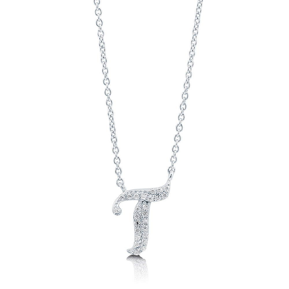 Front view of Initial Letter CZ Necklace in Sterling Silver, T