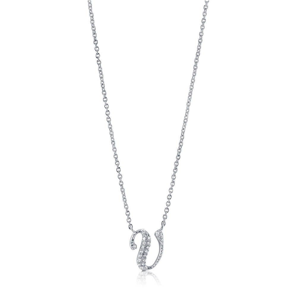 Front view of Initial Letter CZ Necklace in Sterling Silver, U