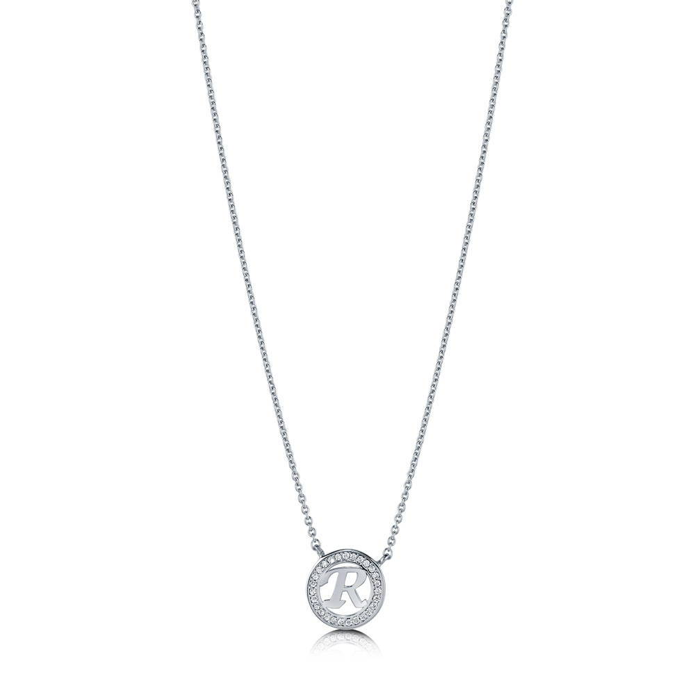 Front view of Initial Letter CZ Necklace in Sterling Silver, R