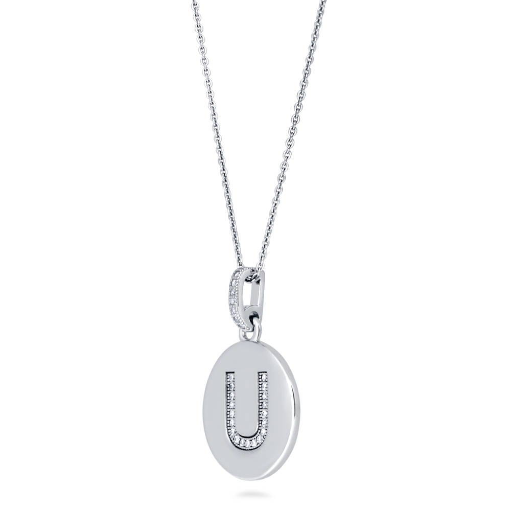 Front view of Initial Letter CZ Necklace in Sterling Silver, U