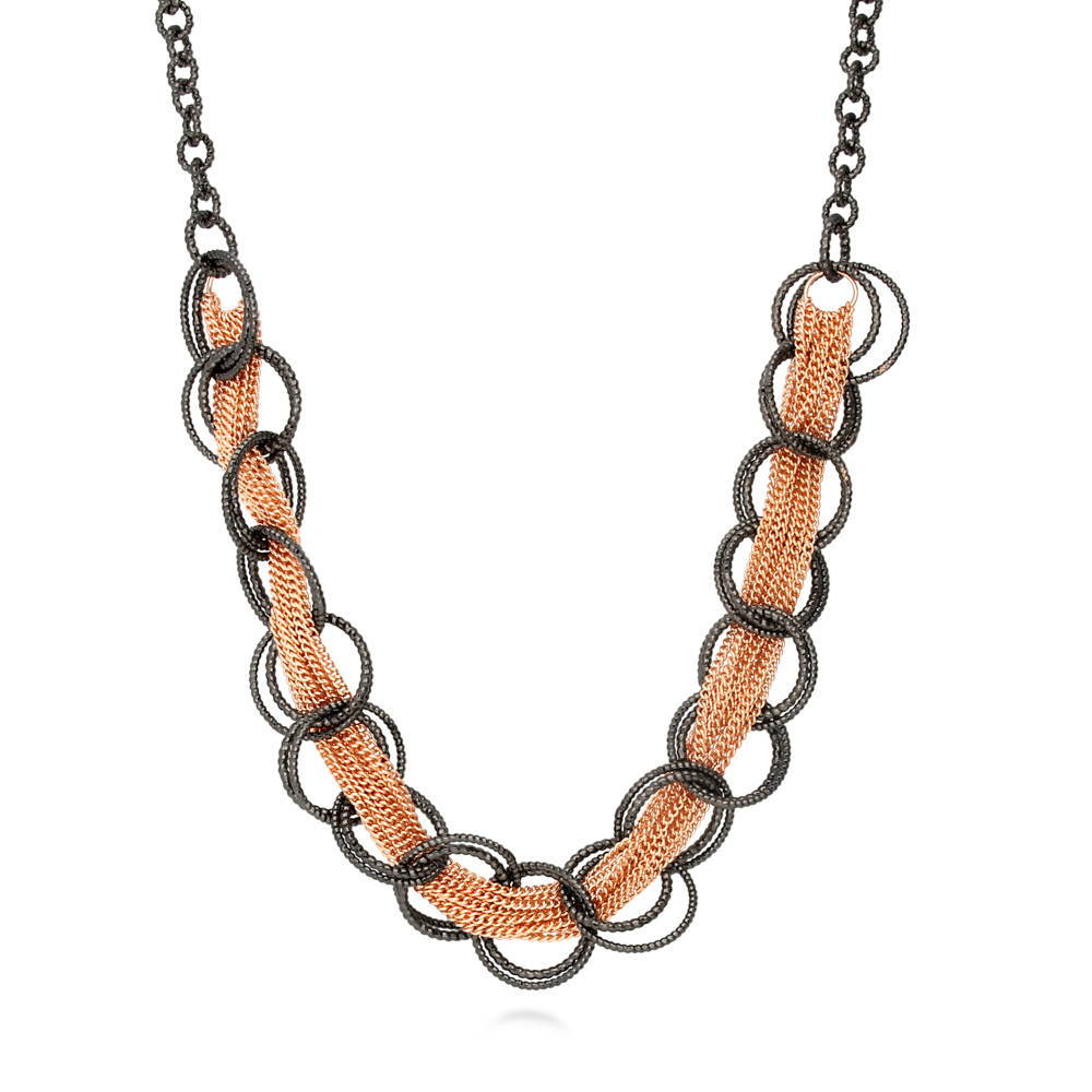 Open Circle Statement Necklace in Brass, Black And Rose Gold-Tone