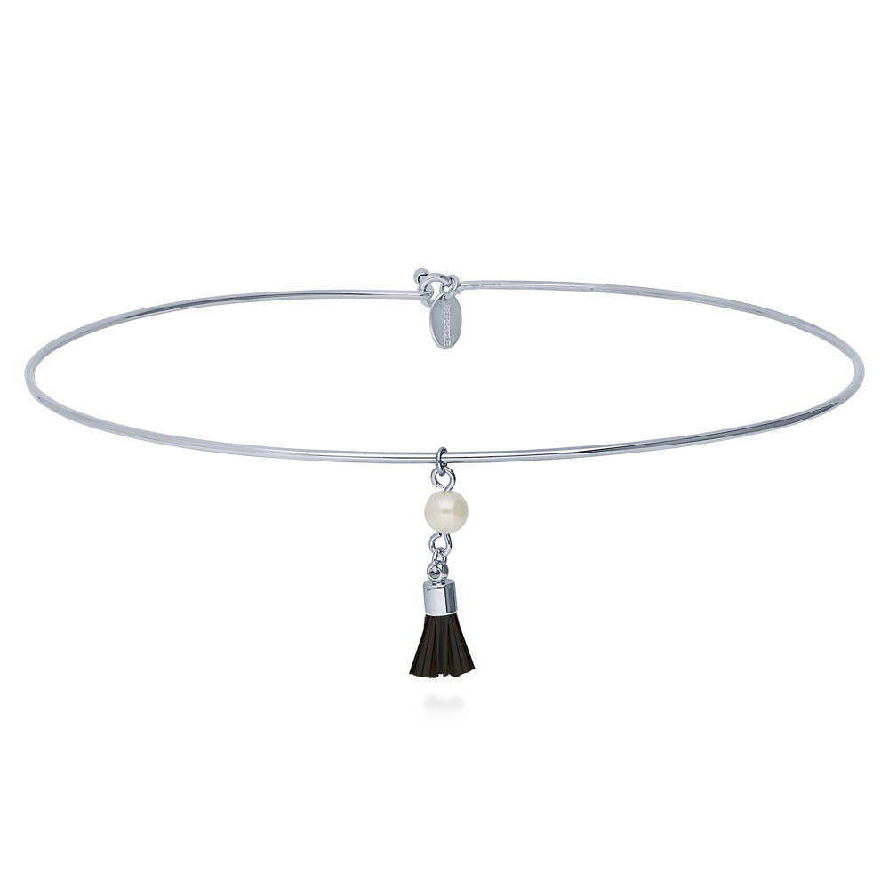 Tassel Imitation Pearl Choker, Silver-Tone