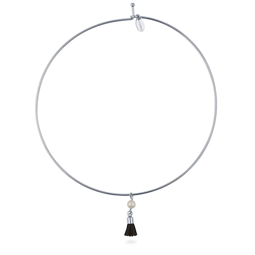 Front view of Tassel Imitation Pearl Choker, Silver-Tone