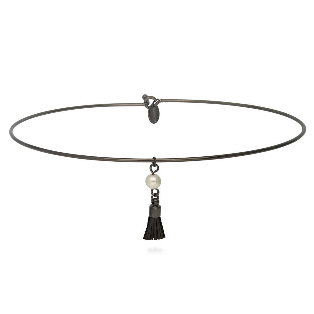 Tassel Imitation Pearl Choker, Black-Tone