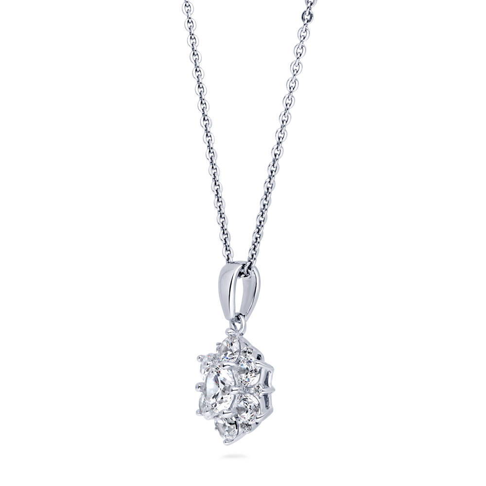 Front view of Flower Halo CZ Necklace and Earrings in Sterling Silver, 9 of 16