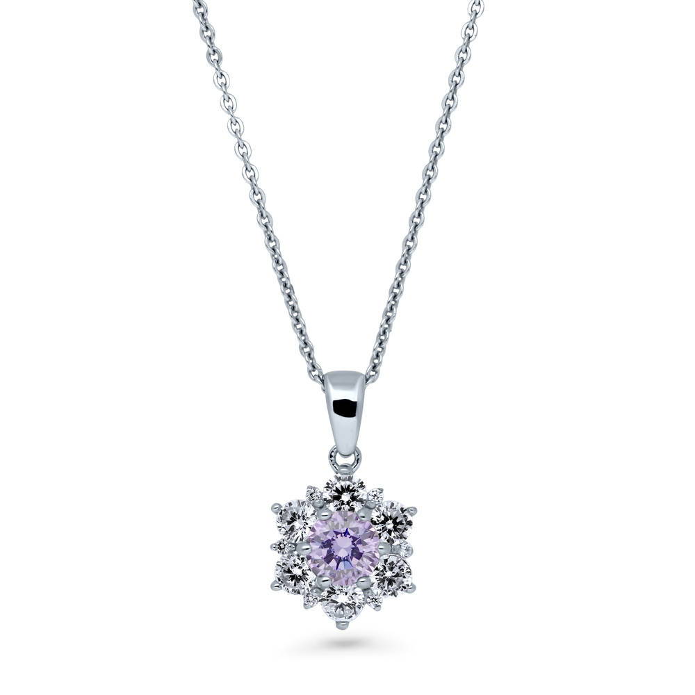 Flower CZ Pendant Necklace in Sterling Silver, Purple