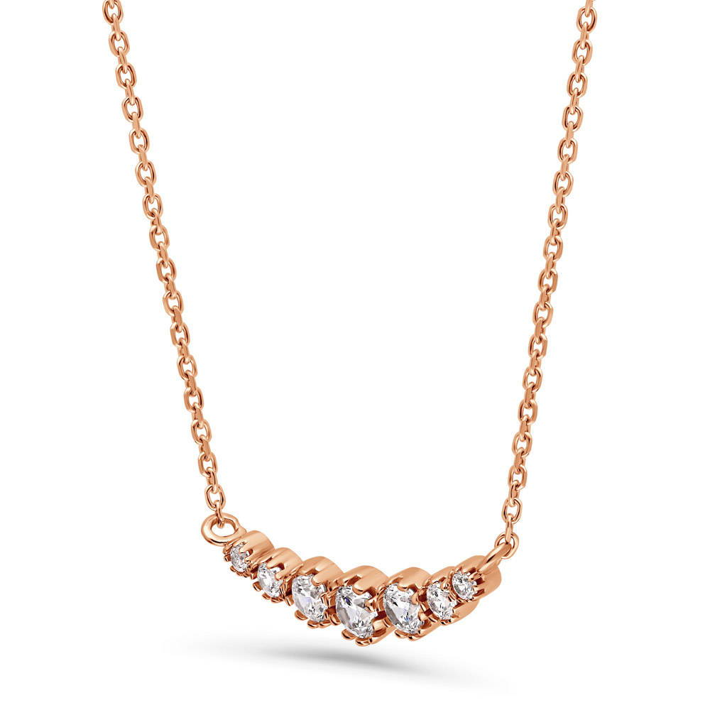 Front view of Graduated Bubble Bar CZ Necklace in Sterling Silver, Rose Gold Flashed