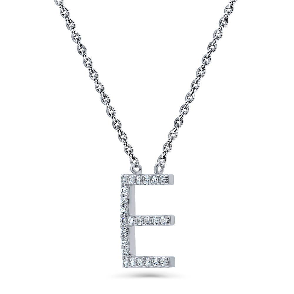 Front view of Initial Letter CZ Necklace in Sterling Silver, E