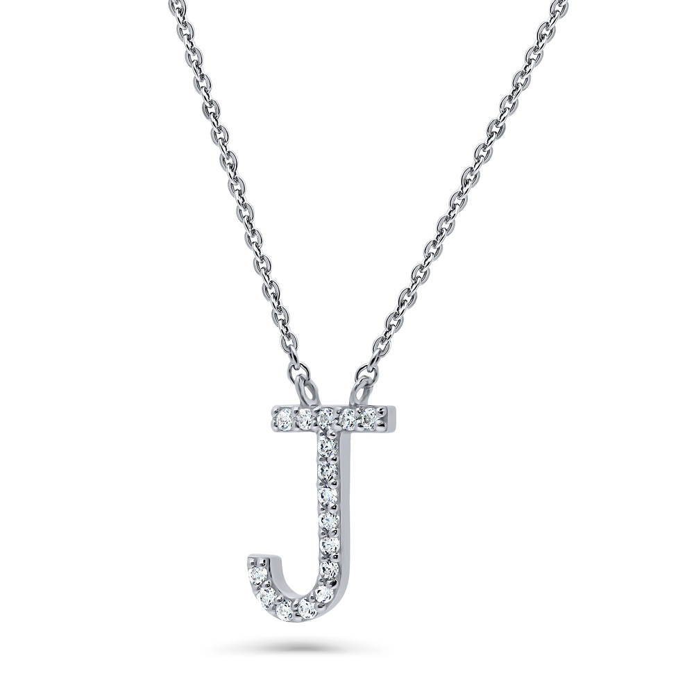 Front view of Initial Letter CZ Necklace in Sterling Silver, J