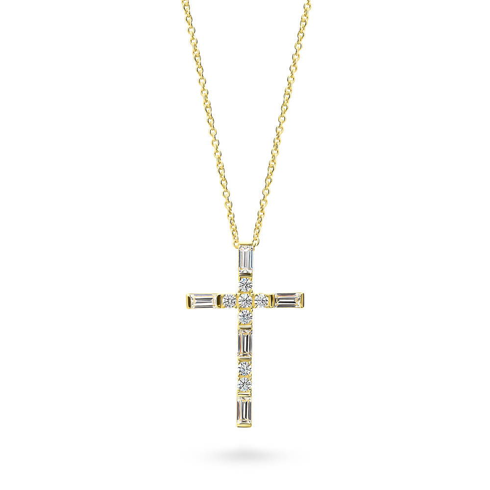 Cross CZ Pendant Necklace in Sterling Silver, Yellow Gold Flashed