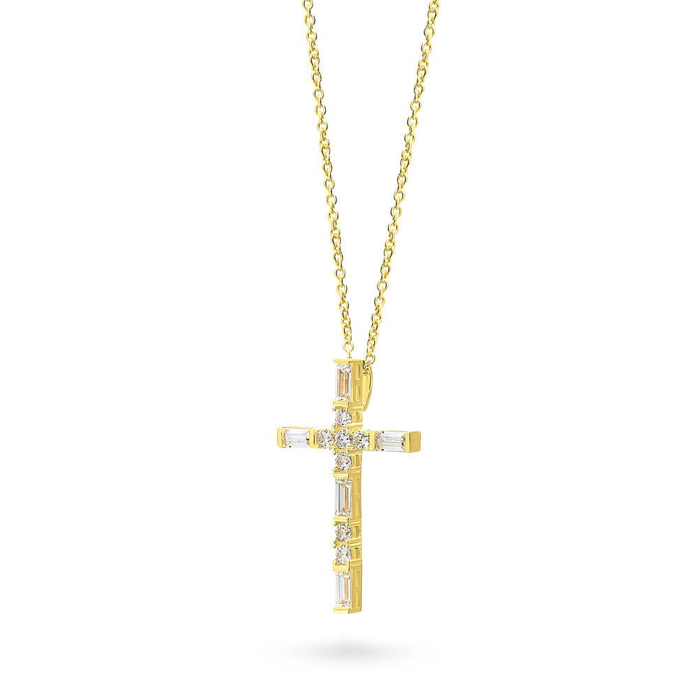 Front view of Cross CZ Pendant Necklace in Sterling Silver, Yellow Gold Flashed