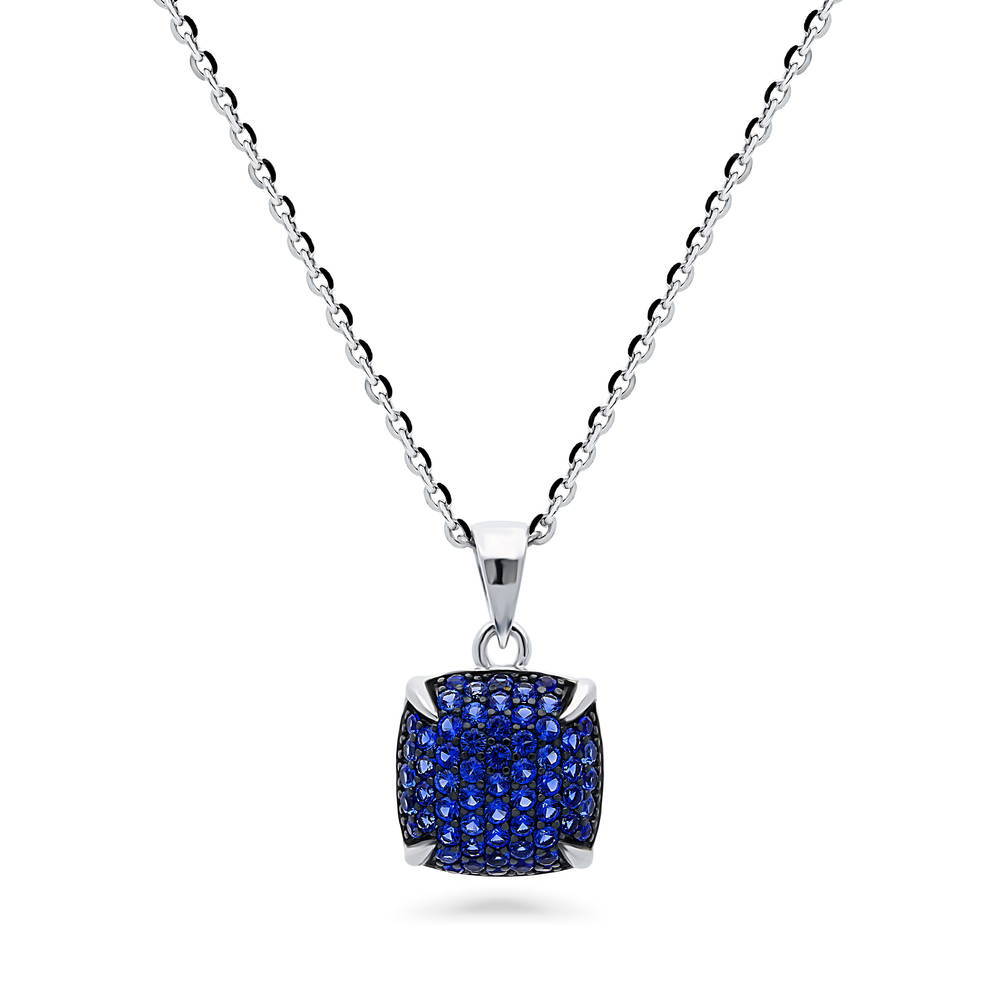 Square CZ Pendant Necklace in Sterling Silver, Blue Color