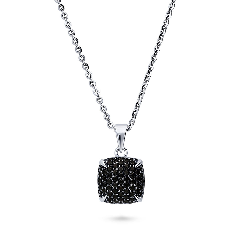 Square CZ Pendant Necklace in Sterling Silver, Black Color