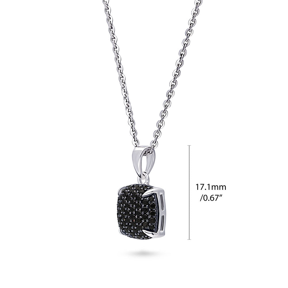 Front view of Square CZ Pendant Necklace in Sterling Silver, Black Color