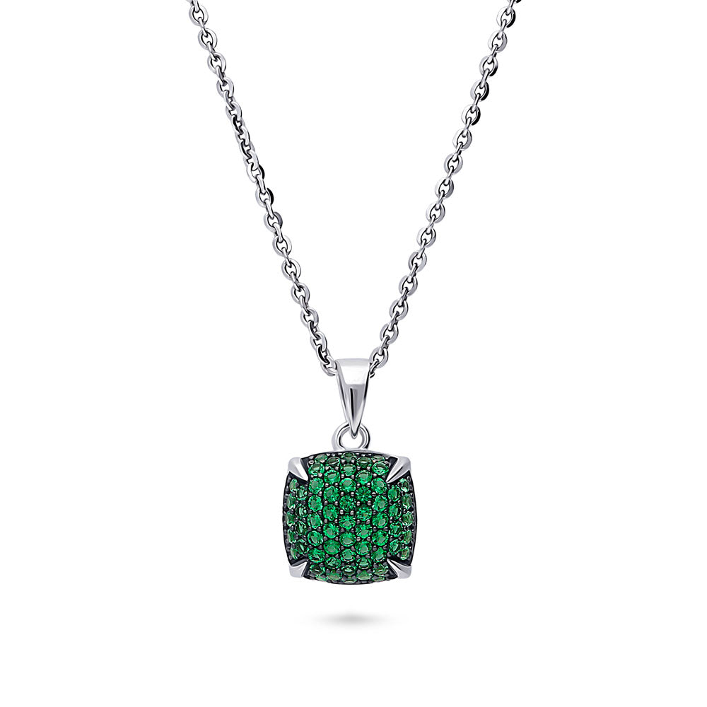 Square CZ Pendant Necklace in Sterling Silver, Green Color