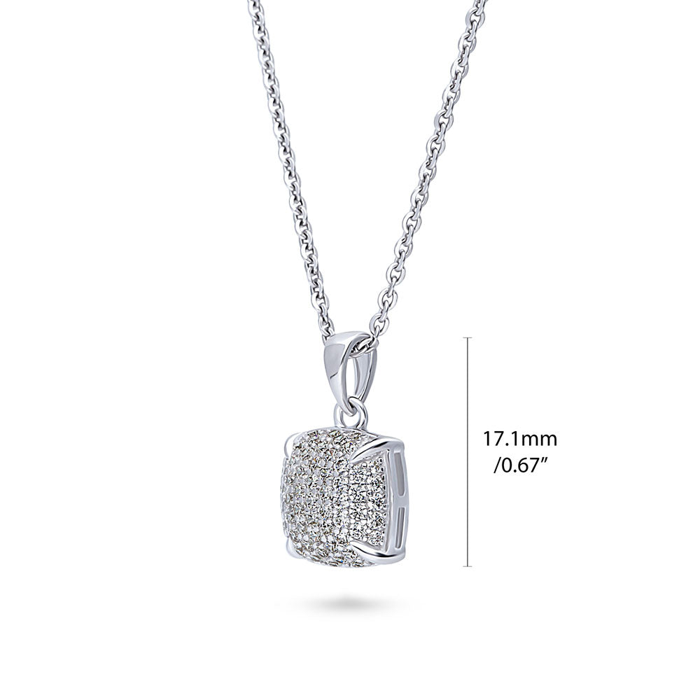 Front view of Square CZ Pendant Necklace in Sterling Silver, Clear Color