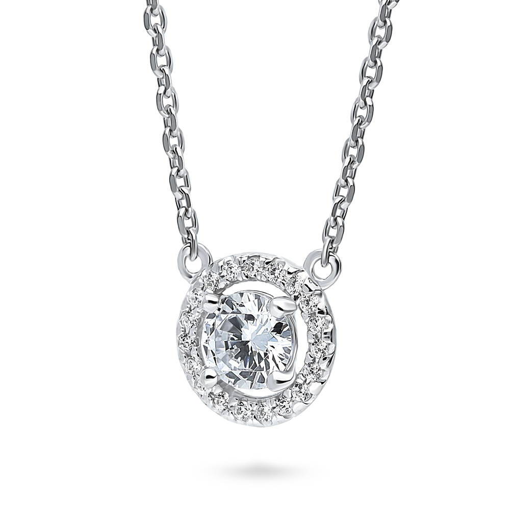 Front view of Halo CZ Pendant Necklace in Sterling Silver, 4 of 11