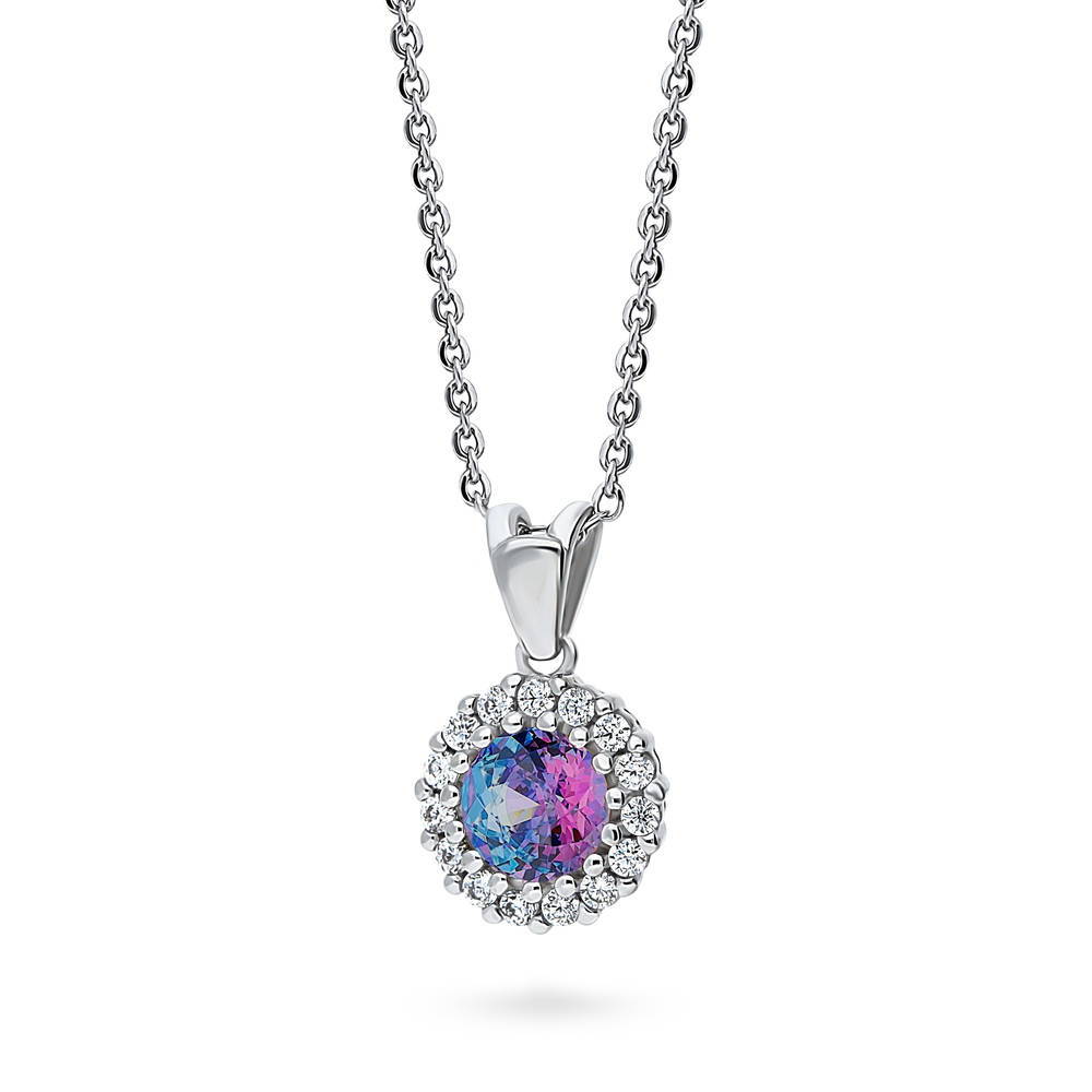 Front view of Halo Kaleidoscope CZ Necklace in Sterling Silver, Purple Aqua