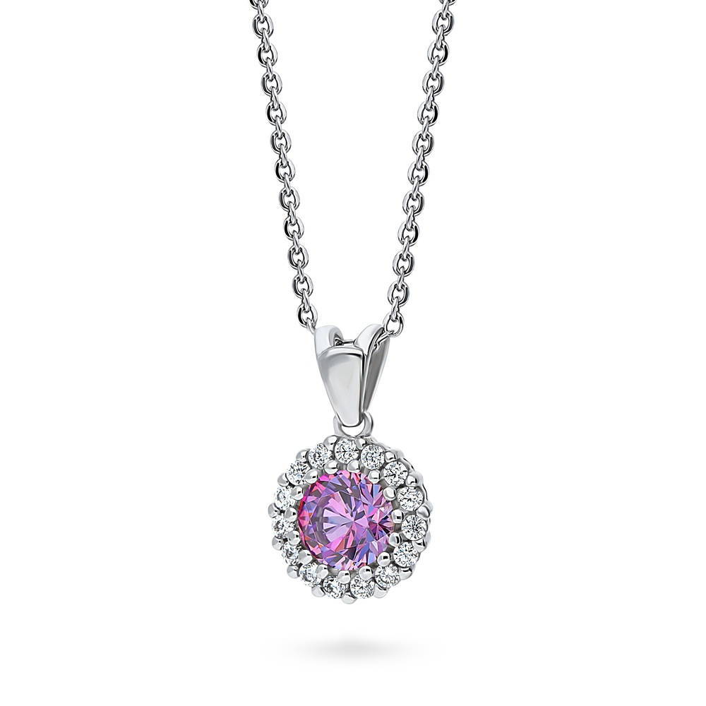 Front view of Halo Kaleidoscope CZ Necklace in Sterling Silver, Purple