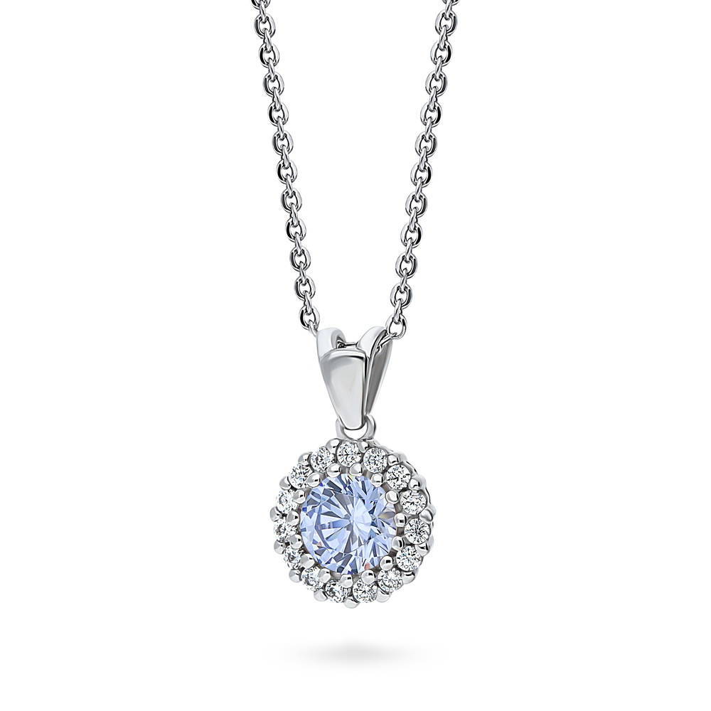 Front view of Halo Kaleidoscope CZ Necklace in Sterling Silver, Greyish Blue