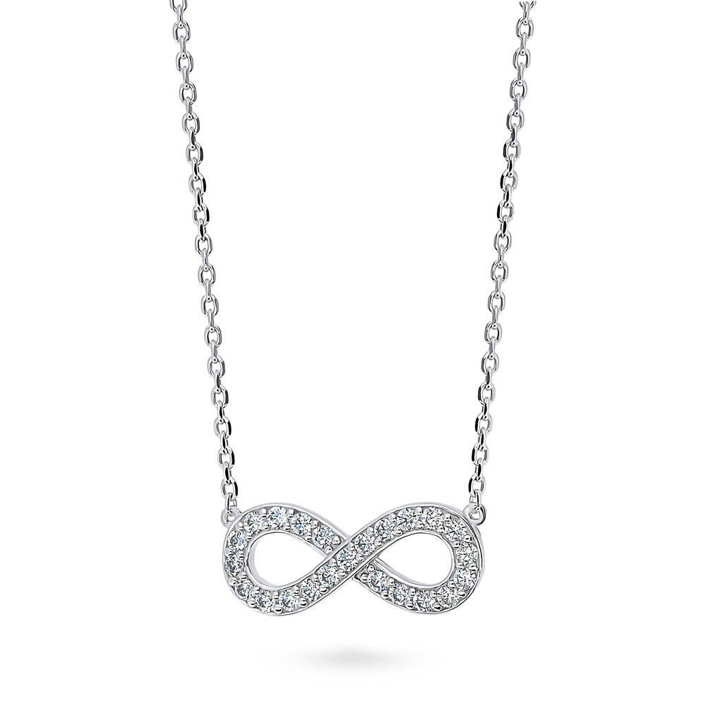 Front view of Infinity CZ Pendant Necklace in Sterling Silver, Rhodium Plated