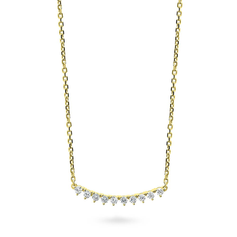 Bar CZ Pendant Necklace in Sterling Silver, Yellow Gold Flashed