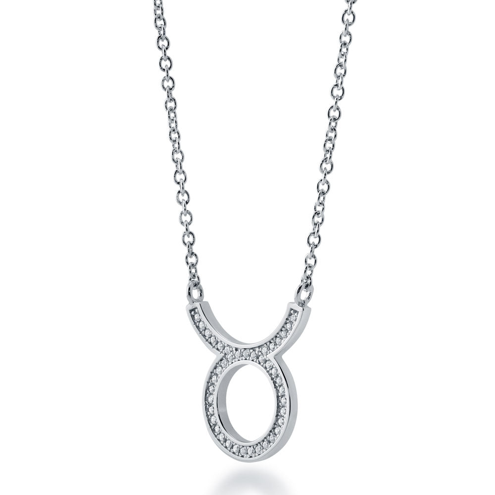 Front view of Zodiac CZ Pendant Necklace in Sterling Silver, Taurus