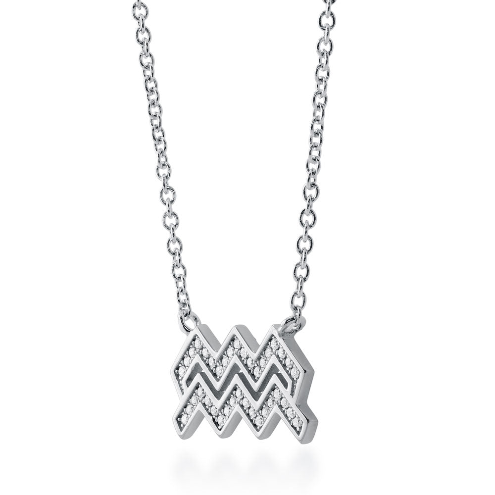 Front view of Zodiac CZ Pendant Necklace in Sterling Silver, Aquarius