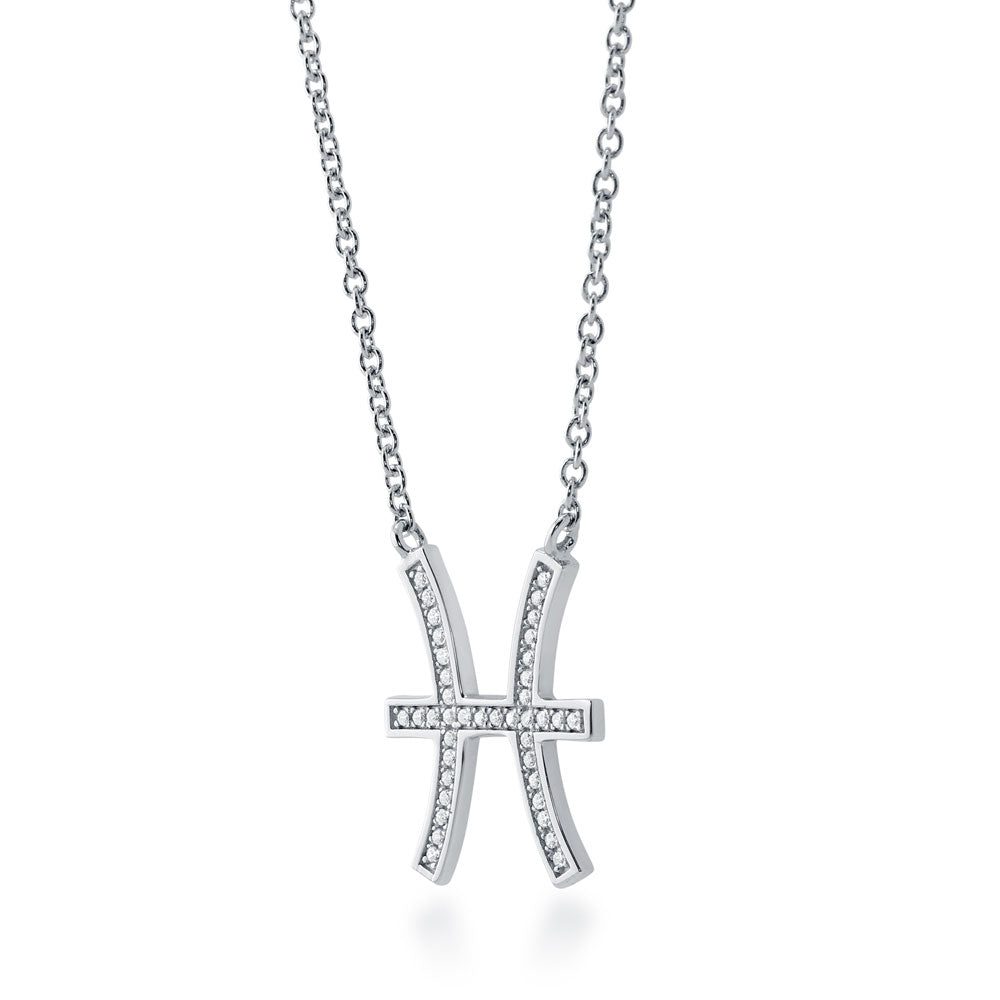 Front view of Zodiac CZ Pendant Necklace in Sterling Silver, Pisces