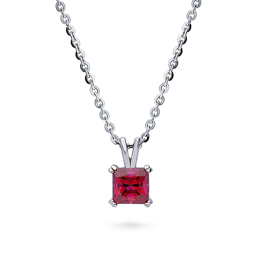 Solitaire CZ Necklace in Sterling Silver, Princess Cut / Red